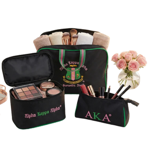 AKA Sorority <b>3</b>-Piece Makeup Travel Set Black with Pink & Green Embroidery Cosmetic Bag Organizer <b>Storage</b> Pouch - Product Image 5
