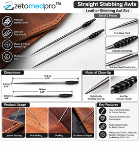Juego de 2 punzones rectos de acero inoxidable con puntas afiladas y agarre negro para coser cuero ZETOMEDPRO - Product Image 3