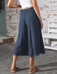 Women's <b>Linen</b> Capri Pants Wide Leg Flowy <b>Culottes</b> Summer Casual Lightweight Elastic Waist Drawstring with Pockets - Product Image 2
