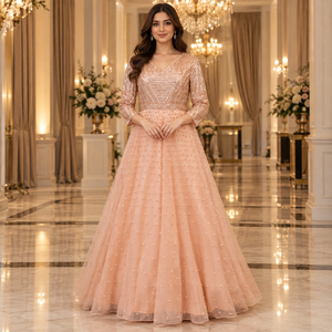 Robe de soirée élégante couleur pêche champagne |   Robe de soirée longue à col en V perlé, manches longues, coupe trapèze, pour fêtes, mariages et événements - Product Image 2