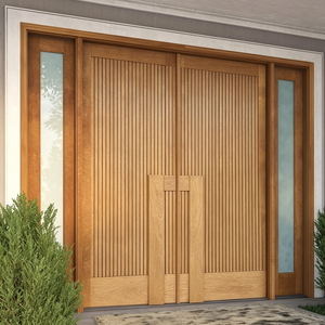 Puerta de Entrada Contemporánea GA-48L de Madera Sólida para Exteriores de Villa con Doble Ranura Decorativa y Panel Lateral de Vidrio - Product Image 1