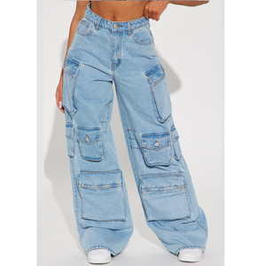 Pantalon cargo long et large pour femme, taille basse, coupe skinny, style streetwear, en denim, grande taille, écologique, délavé, avec logo personnalisé OEM - Product Image 1