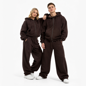 Ensemble de survêtement oversize à capuche zippé 100% Coton Polyester, comprenant un sweat à capuche zippé à épaules tombantes et un pantalon de survêtement large et ample - Product Image 1