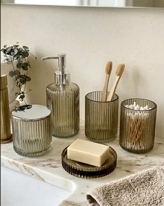 Three-piece Ribbed Glass Ceramic Eco-Friendly Bathroom Accessories <b>Set</b> <b>Soap</b> Dispenser Toothbrush Holder <b>Soap</b> Dish Cotton Jar - Product Image 5