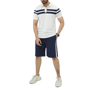 Conjunto de Camiseta Polo a Rayas Blancas y Pantalones Cortos Azul Marino para Hombre, Atuendo Casual de Verano, Ropa de Dos Piezas de Algodón Transpirable - Product Image 1