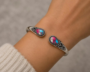 Vintage 925 Silver Cuff <b>Bracelet</b> With Natural Stone Inlay Flower Pattern For Women's Everyday Wear - Product Image 4