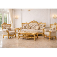 Juego de Sala de Estar Moderno de Madera de Teca de Lujo Estilo Maharani, Acabado Dorado, Juego de Sofás Cómodos de Alta Calidad, Mesa de Centro Personalizada