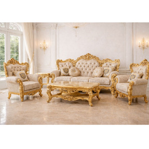 Juego de sala de estar de madera de lujo estilo Maharani con acabado dorado, juego de sofás de alta calidad, sofá clásico personalizado con mesa de centro, Reino Unido - Product Image 1