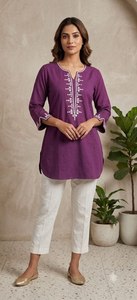 Purple Embroidered VATICAN <b>Kurta</b> 3/4 Sleeves <b>for</b> <b>Women</b> Casual Regular Fit Indian Pakistani Style Stretchable Quick Dry - Product Image 1