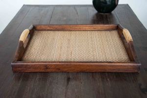 Plateau à thé en bois, plateau de service en bois dur et bambou pour le thé ou le pique-nique, plateau de service de style ottoman, fait main en Thaïlande - Product Image 6