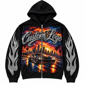 Custom Rhinestone Flame 100% Cotton Fleece Men's <b>Black</b> Studded <b>Zip</b> up Streetwear <b>Hoodie</b> OEM Private Label Printed Design - Product Image 2