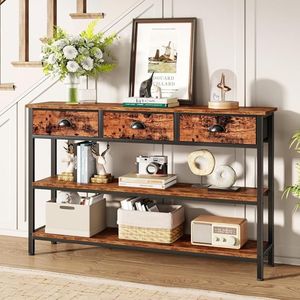 <b>Rustic</b> <b>Console</b> <b>Table</b> with 3 Drawers, Wood Top, Metal Frame & Open Storage Shelves for Entryway, Hallway, Living Room & Foyer - Product Image 2