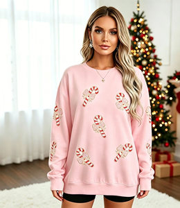 Sweat-shirt rouge surdimensionné à col rond, imprimé pailleté canne à sucre, pull tricoté unisexe, vêtement décontracté d'hiver - Product Image 6