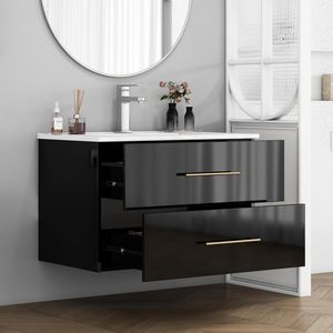 Mobile Bagno Sospeso Nero Lucido da 30 Pollici con Doppio Cassetto, Installazione Facile, Lavabo in Ceramica, Maniglia Lunga in Metallo - Product Image 4