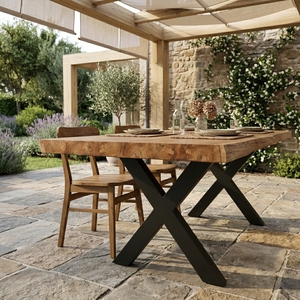 Table à manger en bois de Suar massif avec bord naturel, pieds en métal noir en forme de X, style industriel rustique, meubles de cuisine, plateau en bois naturel - Product Image 3