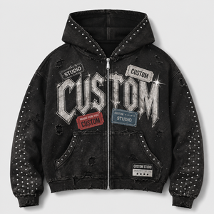 เสื้อฮู้ดซิปเฟรนช์เทอร์รี่ขายส่ง ลายกราฟิกประดับเพชร ล้างสีแบบ Stone Washed ทรงโอเวอร์ไซส์ สตรีทแวร์ คุณภาพสูง รับทำโลโก้ตามสั่ง เสื้อฮู้ดผู้ชาย - Product Image 6