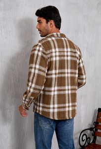 Unisex Casual Cotton <b>Sherpa</b> <b>Lined</b> Plaid Flannel Canvas Jacket Shirt Winter Outdoor Soft Crocheted Yarn Dyed Anti-Pilling Stand - Product Image 4