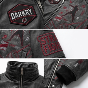 Blouson en cuir brodé à motif géométrique, col montant, fermeture éclair, style motard, pour l'automne - Product Image 6