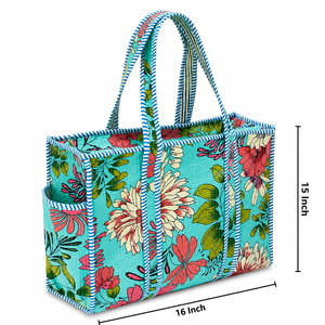 Sac fourre-tout matelassé promotionnel à imprimé floral, forme carrée, grande taille, en coton, avec doubles poignées d'épaule et fermeture éclair, 16x15 pouces - Product Image 1