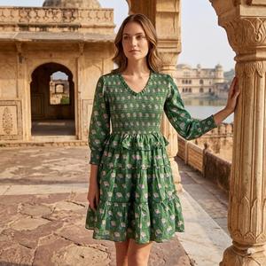 Womens 100% Cotton Hand <b>Block</b> <b>Print</b> Bobbin Dress Knee Length Smocked Boho Dress Tiered Summer Dress hand <b>block</b> pure cotton dress - Product Image 1