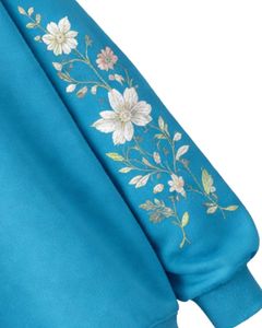 Sudadera Oversize de Forro Polar Azul Cielo para Mujer con Cuello Alto y Bordado Floral, Suéter Casual de Invierno de Algodón y Poliéster Cálido - Product Image 6
