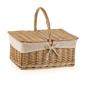 Wholesale Rectangular <b>Wicker</b> Picnic <b>Basket</b> Box Shaped Handwoven Rattan <b>Storage</b> Hamper Natural Linen Lining Outdoor Food Carrier - Product Image 1