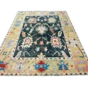 Handmade Antique-Style Wool Carpet Soft Pastel Oushak <b>Rustic</b> Anatolian Accent Mat Deep Teal Medallion Low-Pile <b>Rug</b> - Product Image 1