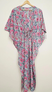 Vestido Kaftán de Algodón Floral Ecológico con Estampado Flocado, Kimono Largo Maxi, Bata de Noche, Ropa Casual para Resort, Maternidad India Natural - Product Image 2