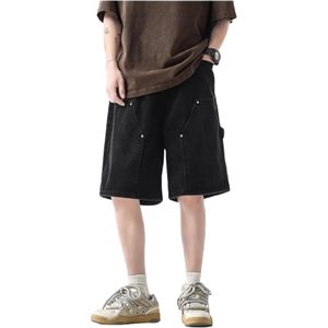 Pantalones Cortos Cargo Negros para Hombre, Color Sólido, Cintura Elástica, Corte Medio, Transpirables, Casuales, Tipo Bermuda con Bolsillos - Product Image 1