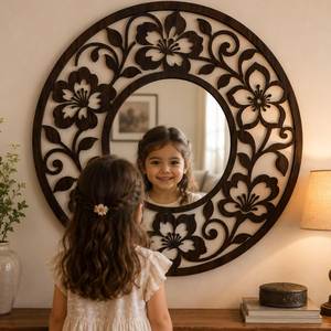Round Wooden Floral Decorative Wall <b>Mirror</b> Laser Cut Flower Frame Boho Scandinavian Farmhouse <b>Hanging</b> <b>Mirror</b> for Living Room - Product Image 3
