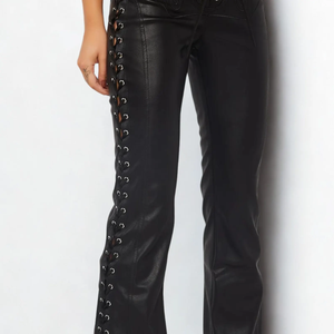 FAZMAX <b>Black</b> <b>Lace</b> Genuine Leather Pants High Waist Gothic Formal Straight Fit Full Length Breathable Eco-Friendly Anti-Wrinkle - Product Image 6