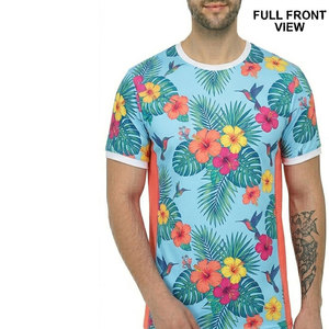 Camiseta de Manga Corta con Estampado Floral Tropical para Uso Diario, Cuello Redondo, Corte Regular, Estilo Casual con Ribete en Contraste - Product Image 1