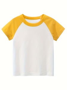Boys Short Sleeve Raglan T-Shirt Solid Color O-Neck Casual Jersey Fabric White With Navy Yellow Gray Blue Sleeves - Product Image 3