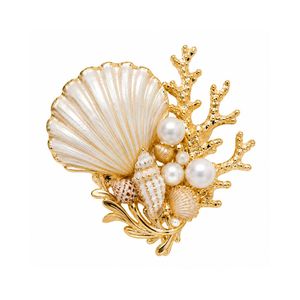 Ocean Gold Pin with Coral Branch and Round Pearls for Women Luxury Beach Party Jewelry Seashell Brooch - Product Image 5