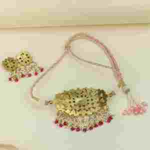 Premium Bridal White <b>Pink</b> Gold Plated Link Chain Handmade Natural Stone Kundan Haar <b>Necklace</b> for Women Ethnic Party Jewelry - Product Image 2