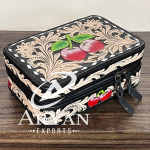 New Women's Hand <b>Tooled</b> Floral Cherry Design Genuine Cow Leather Jewelry Organizer Stylish Zipper Closure Jewelry Storage <b>Cases</b> - Product Image 1