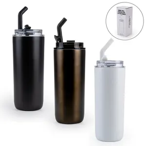 Gobelets isothermes en acier inoxydable à double paroi au design minimaliste, avec couvercle transparent et paille métallique, bouteille de voyage sous vide 500 ml, maintien au chaud 12-24 heures - Product Image 1