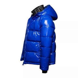 Custom Men's Blue Glossy Hooded Puffer <b>Jacket</b> Full Zip Insulated <b>Winter</b> Coat Warm Casual Outdoor Lightweight Unisex 100% Genuine - Product Image 5