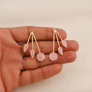 Pink Chalcedony Gold Plated Prong Set Pear & Round Shape Gemstone Charm Links for <b>Earring</b> Necklaces & Handmade Jewelry Creations - Product Image 3