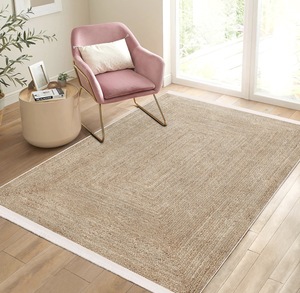 Tapis d'intérieur uni en jute naturelle tissé à la main à poils ras avec bordure décorative, écologique et résistant, pour salon et chambre à coucher - Product Image 1