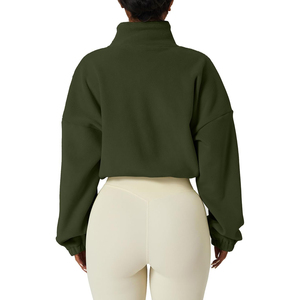 Sudadera Corta con Cierre de Cremallera para Mujer, Color Verde Oliva, de Forro Polar, Cuello Alto, Hombros Caídos, Manga Larga, Estilo Oversize, para Otoño - Product Image 2