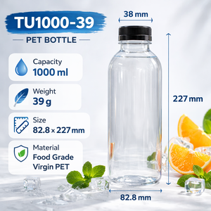Botella de PET de 1000 ml, Diseño TU400-25.5, Cuello de 38 mm, Tapa con Impresión UV, Sellado para Envasado Global de Bebidas, Botellas de Plástico para Jugos - Product Image 1