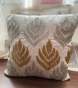Blue Palm Tree Embroidered Cotton Cushion Cover Square <b>Throw</b> <b>Pillow</b> Case With Striped Border For Sofa Bed Living Room Home Decor - Product Image 3