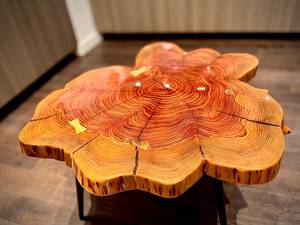 Mesa de centro de madera epoxi Golden Bloom con diseño de anillo de árbol Sunburst y borde natural, mesa de centro de cedro con diseño de flor de cedro y pétalos dorados - Product Image 4