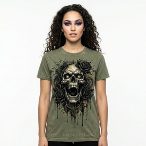 Camiseta de Alta Calidad para Mujer con Diseño Gótico de Calavera y Rosa, Arte Floral de Esqueleto, Verde Oliva, Personalizada, Estilo Punk Rock - Product Image 1