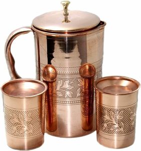 Ensemble de pichets en cuivre avec 4 tasses, design indien traditionnel, grande capacité, vaisselle pour la maison avec des bienfaits pour la santé - Product Image 2