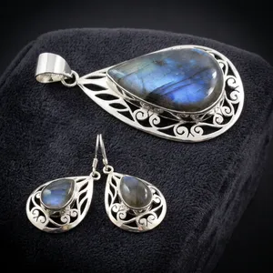 925 Sterling Silver Labradorite Jewelry Set Pendant Earrings Blue Flash Gemstone Intricate Filigree Setting Women's Wear - Product Image 4