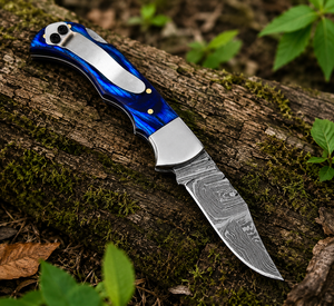 Cuchillo de bolsillo de acero de Damasco hecho a mano con mango de madera y funda de cuero fino, cuchillo de camping, cuchillo plegable - Product Image 3