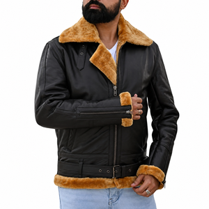 <b>Men's</b> Genuine Leather Aviator <b>Jacket</b> with <b>Shearling</b> Faux Fur Lining Heated Zipper Closure Winter Moto Biker Style Windproof Coat - Product Image 1