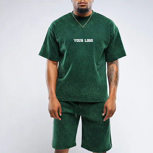 OEM/ODM 100% cotton DTF Printed logo man Shorts set <b>acid</b> wash Oversized <b>Drop</b> Shoulder Breathable men's 2 piece set - Product Image 1